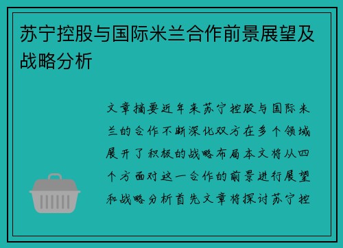 苏宁控股与国际米兰合作前景展望及战略分析 苏宁控股与国际米兰合作前景展望及战略分析