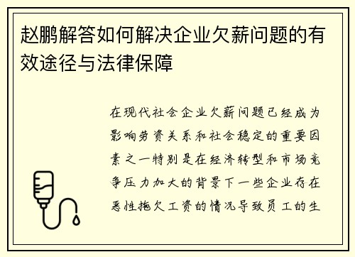 赵鹏解答如何解决企业欠薪问题的有效途径与法律保障 赵鹏解答如何解决企业欠薪问题的有效途径与法律保障
